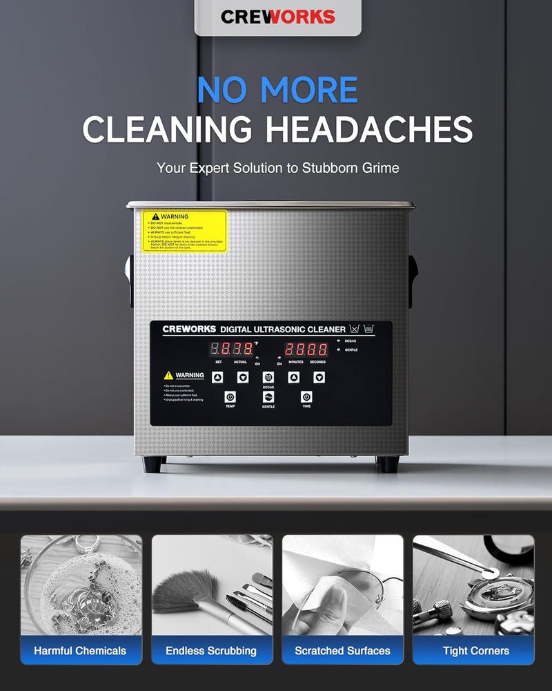 CREWORKS 3L Digital Ultrasonic Cleaner with Degas & Gentle Modes, 0.8 gal. Ultrasonic Cleaning Machine, 120W Professional Ultrasound Cleaner with 150W Heater & 1-30 min. Timer for Glasses Toys Tools - Image 2